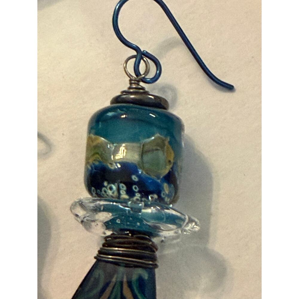 Artisan Mixed Media Dangle Earrings Handcrafted Lampwork Glass & Peacock Palette - Picture 4 of 6